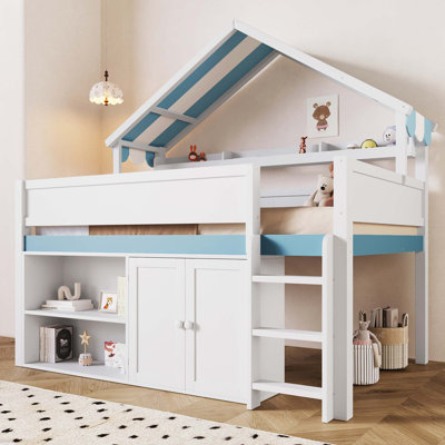 Full Size Loft Bed With Canopy Roof And Storage Cabinet