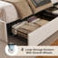 Structure de grand lit avec 4 tiroirs de rangement, lumières DEL et ports USB, support de lattes en bois massif tapissier, beige-1902321498-1902321500