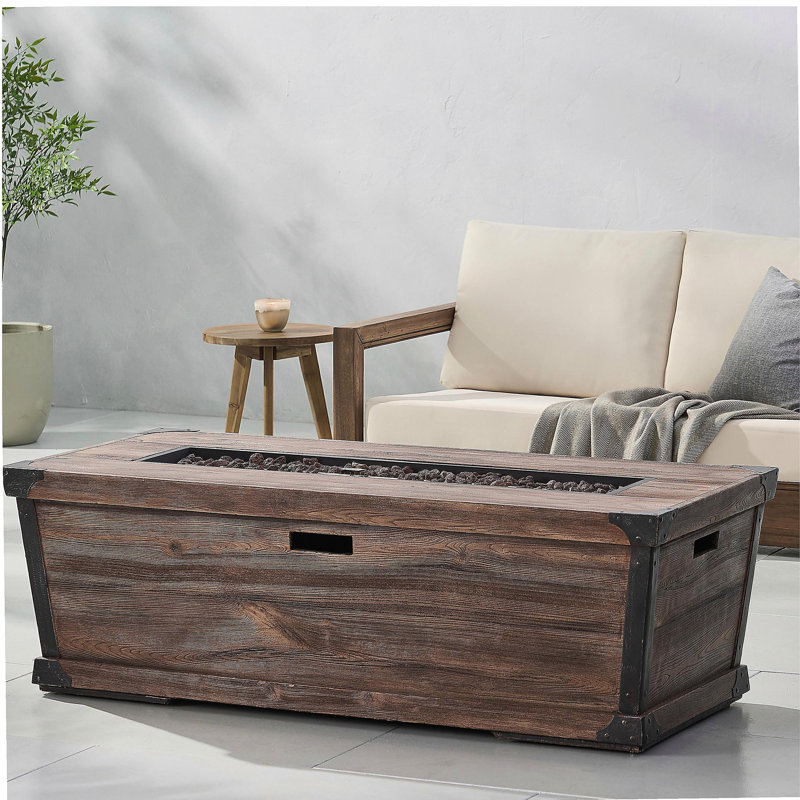 Table de foyer d'extérieur en béton pour patio, foyer au gaz rectangulaire de 56 pouces - 50 000 BTU, table de foyer à grain de bois, couvercle non inclus
