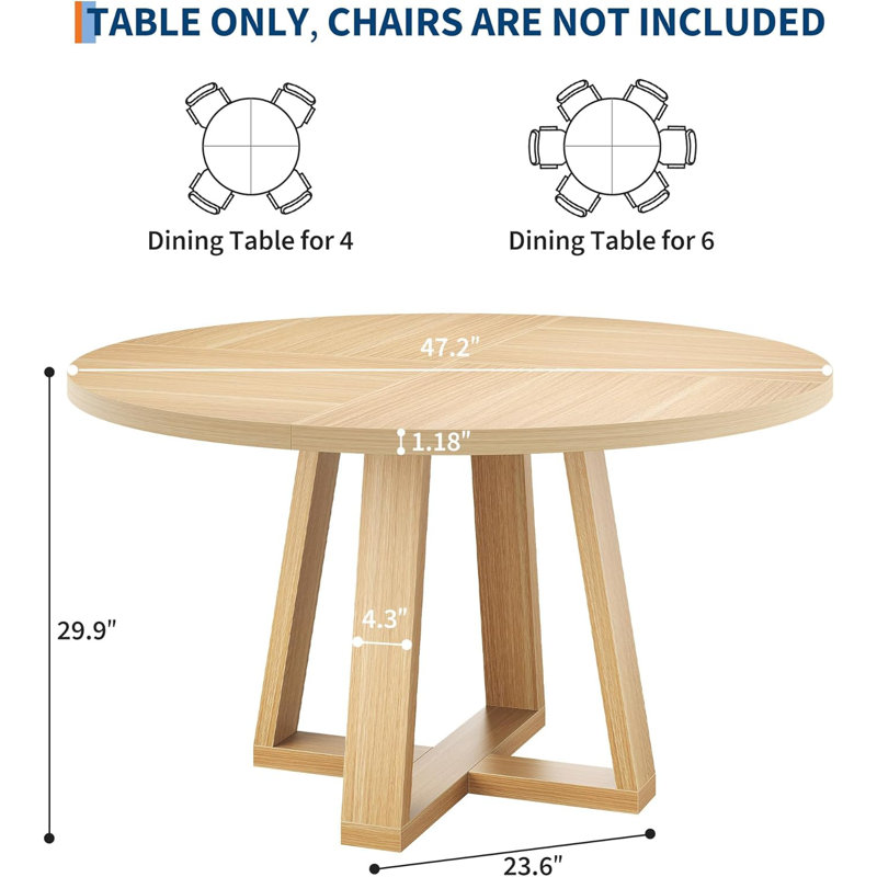 Dining Room Dining Table for 4-6, 47 Inch Round Dining Table, Farmhouse Circle Kitchen Table, Natural