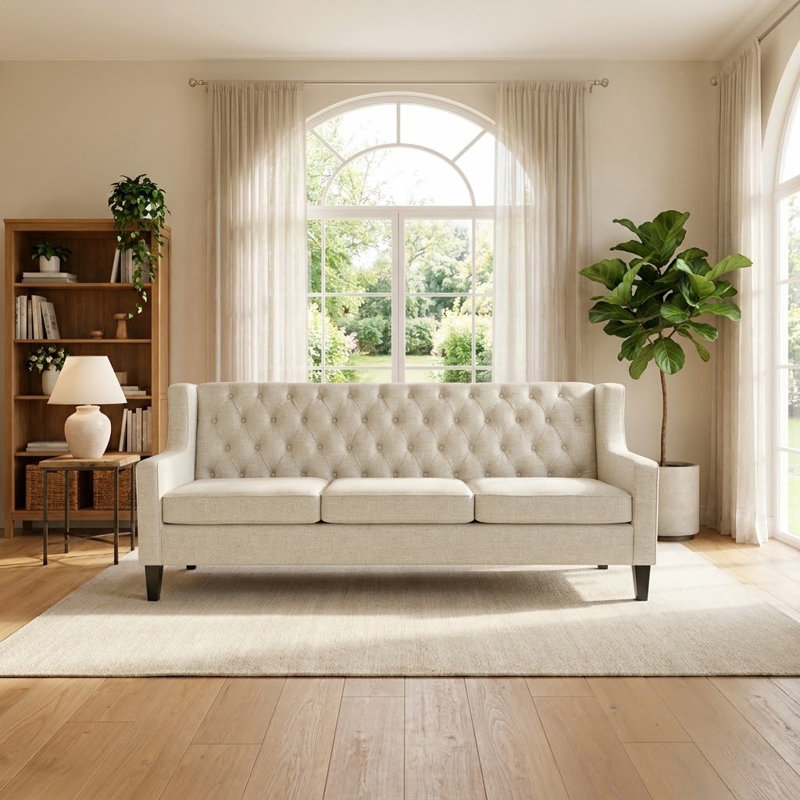 Canapé capitonné 78,75 po 3 places avec coussins amovibles, Beige
