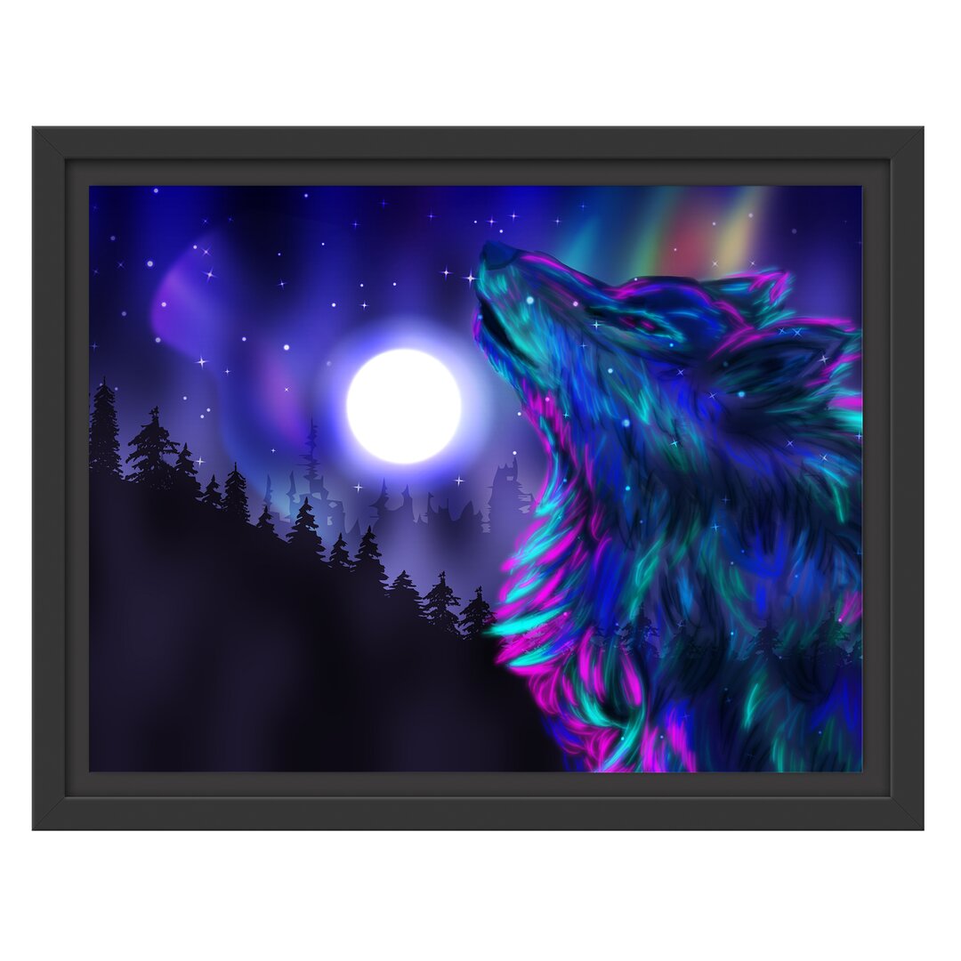 Gerahmtes Wandbild Abstrakter Wolf mit Mond