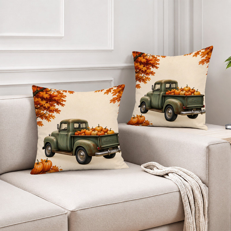 JYK Soft Microfiber Decorative Pillow Covers Double Sided Printed Hidden Zipper Cushion Cases for Home Decor & Gifts.18x18 inches,Green truck pumpkin patch