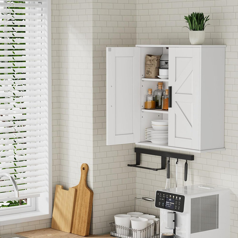 Armoire de rangement murale pour salle de bain avec tablettes réglables, portes de grange (blanc)