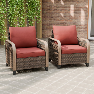 Outdoor Patio Brown Wicker Wood Grain Armrest Dining Lounge Chair with Cushion Set of 2