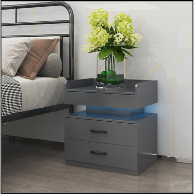 1 Set Nightstand with Adjustable LED Strip Light, 2-drawers, Large Storage Space, Suitable for Bedside Table, Coffee Table, Sofa Side Table or End Table for Study Desk