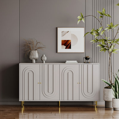 Trin Modern Lacquer Accent Cabinet with 4 Glass Doors – Adjustable Shelves Buffet Sideboard for Living Room, Dining Room, Entryway