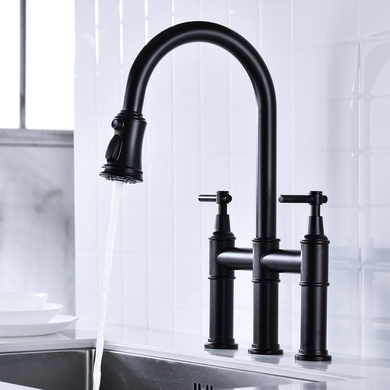 Matte Black Bridge Faucet - Dual Handle For Accurate Flow And Temperature Adjustment Sink 360-Degree Rotating Nozzle Extended Cleaning Area