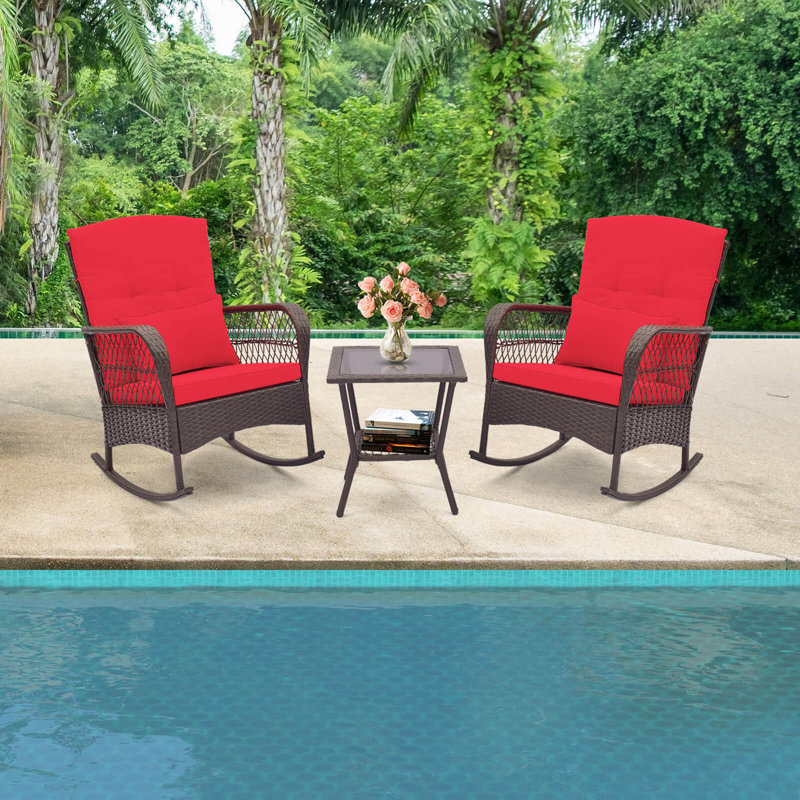 Ensemble de chaises berçantes d'extérieur en osier avec table basse double 3 pièces, Rouge