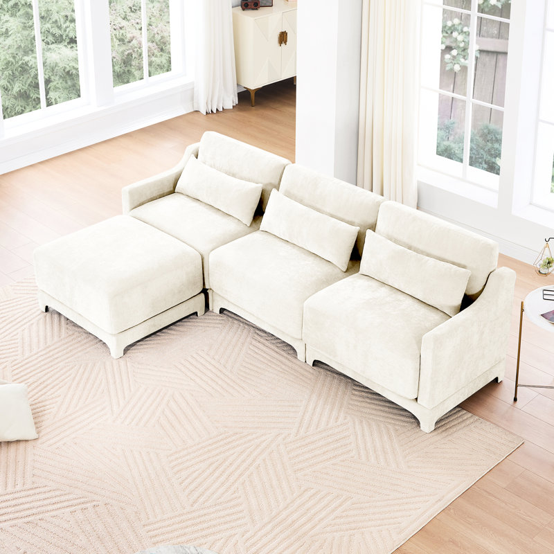 Chenille beige à trois places, deux repose-pieds amovibles, revêtement dense, siège à haute résilience, dossier simple, siège fiable et durable avec base en bois de qualité, confort ergonomique supérieur