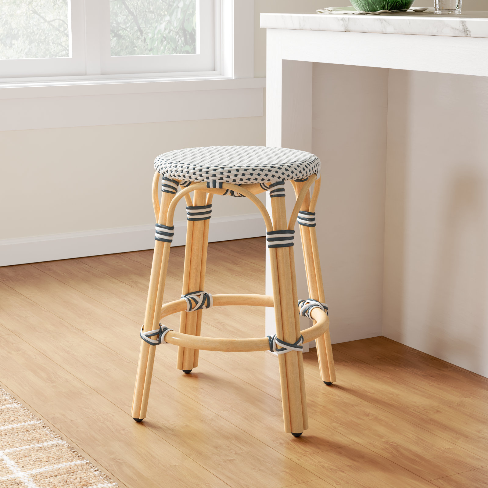 Alastair Bar and Counter Stool, Counter Stool (24" Seat Height), White/Navy Dot/Natural Rattan Frame