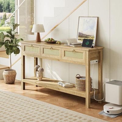 Table console en rotin avec prises et port USB-C, table d'entrée à 3 tiroirs avec surface en rotin synthétique, tablette ouverte, rangement dans le couloir d'entrée du canapé, naturel