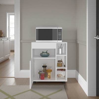 Kaito Microwave Cart And Cabinet, Freestanding Compact Sideboard With 1 Door Cabinet, Appliance Surface, 3 Side Open Shelves And, Open Upper Shelf