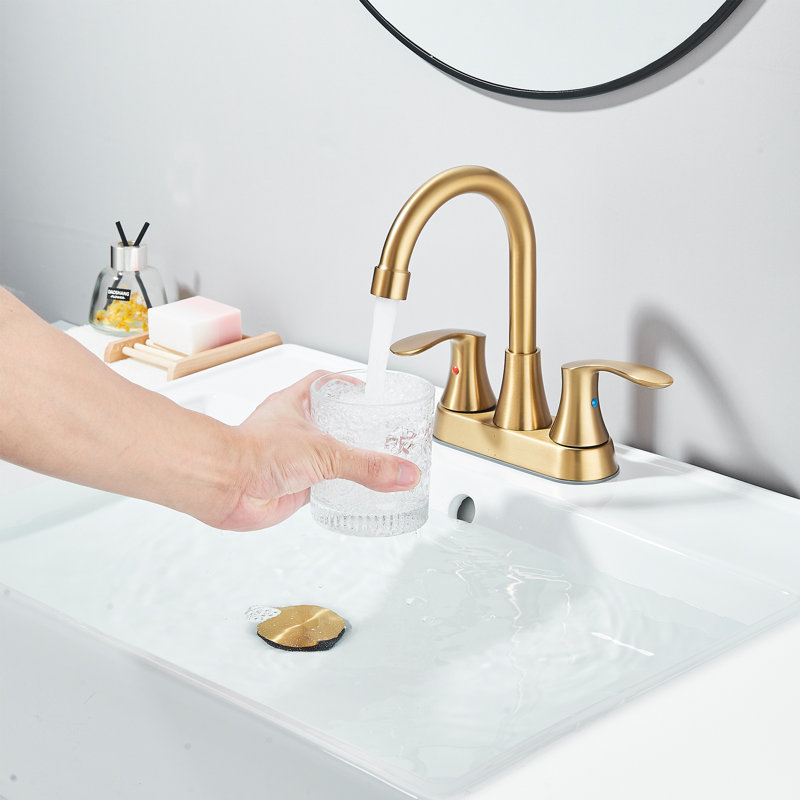 Robinet de salle de bain à 2 poignées en or brossé, robinet de meuble-lavabo central de 4 pouces avec drain, bec pivotant à 3 trous à arc haut 360 ° pour camping-car, camping-car et hôtel