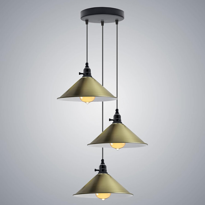 3-Light Cone Pendant Light – Industrial Kitchen Island Ceiling Fixture with Adjustable Height & E27 Bulbs, Green Brass, Yes