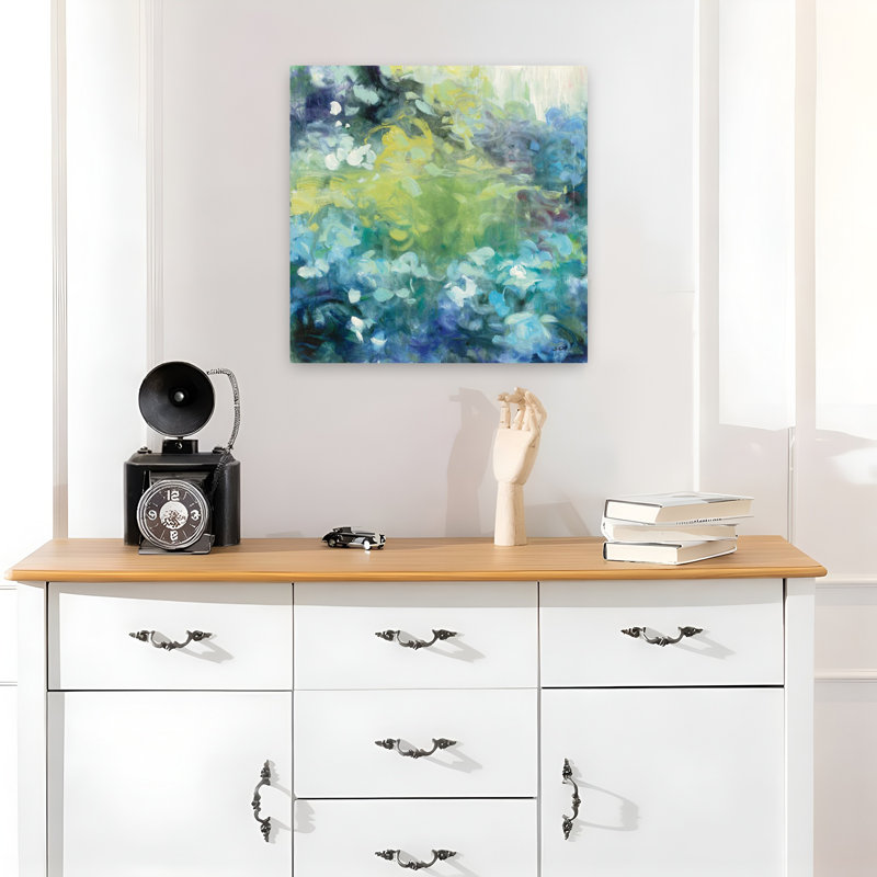 Art contemporain d'hortensias lumineux I avec fleurs bleues, H 18 po x l 18 po