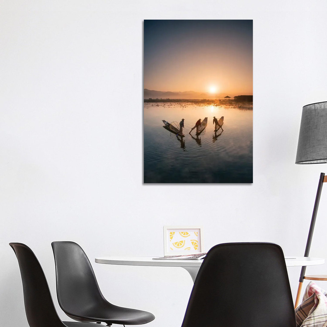 Group Of Intha Fishermen At Sunrise, Inle Lake, Myanmar by Jan Becke - Wrapped Canvas Print