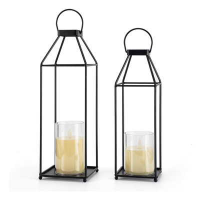 Ensemble de 2 pièces en métal noir à cadre ouvert avec bougies sans flamme à DEL, grande bougie suspendue pour table de mariage