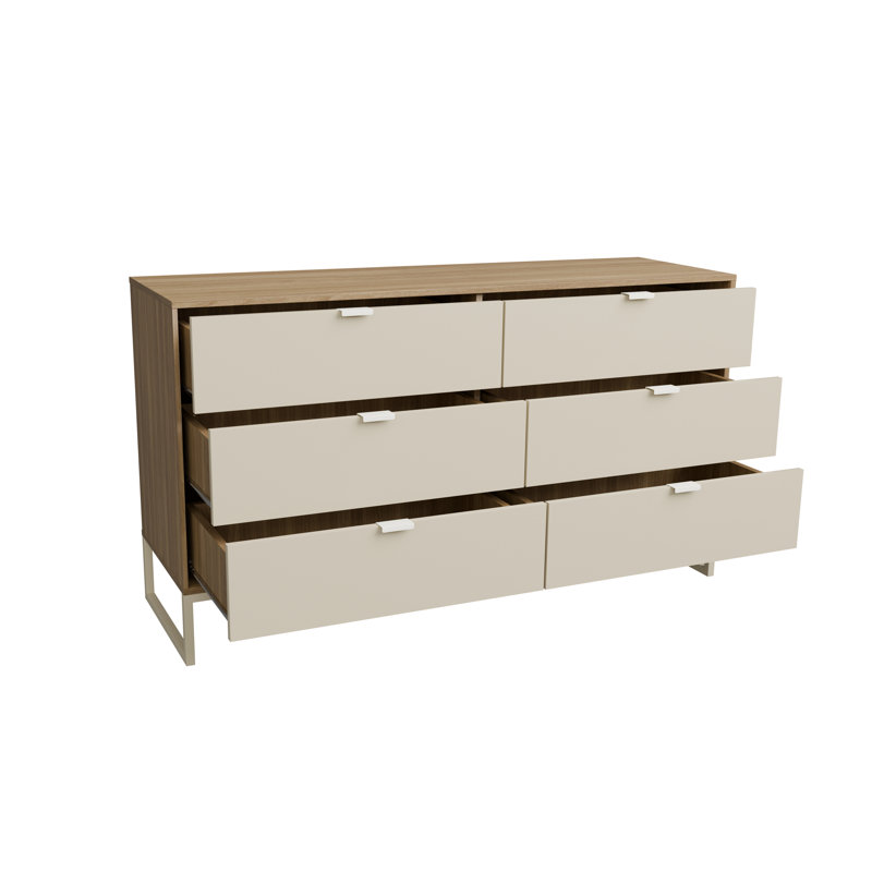 Commode 6 tiroirs pour chambre à coucher avec glissières en métal Collins, Brun clair / crème