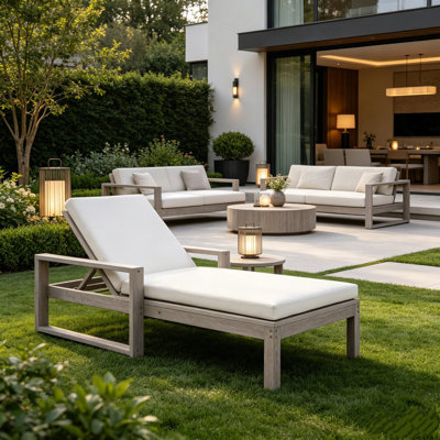 Acacia Wood 5-Position Outdoor Chaise Lounge with Beige Cushion, Gray Patio Pool Reclining Lounge Chair