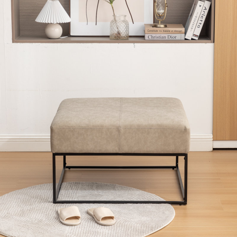Cattibrie Leather Upholstered Square Ottoman, Beige Faux Leather