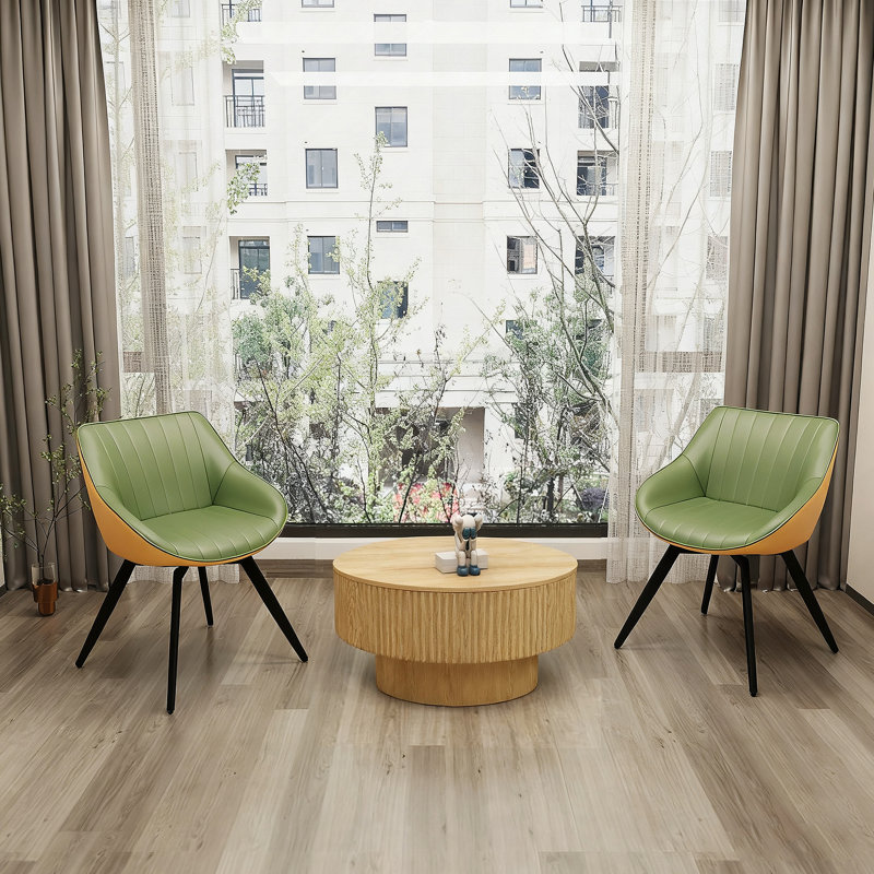 Table basse ronde moderne avec rangement et 2 chaises de salle à manger en polyuréthane, conception rayée en anneau pour la cuisine et la maison, peu encombrante et élégante