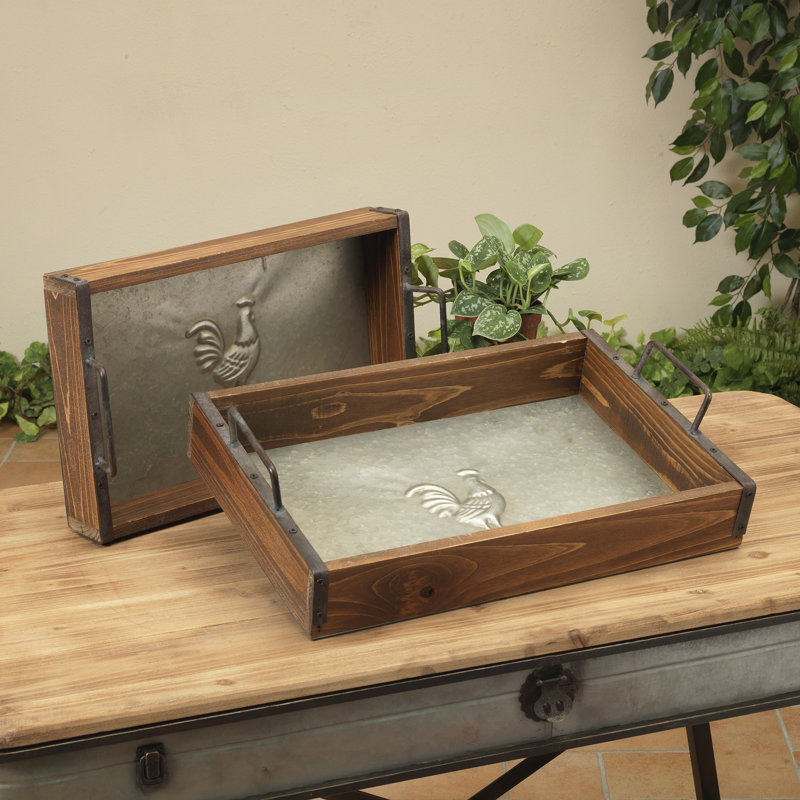 Artisanal Heritage: Set of 2 Rustic Wood and Metal Nesting Trays with Embossed Rooster Motif