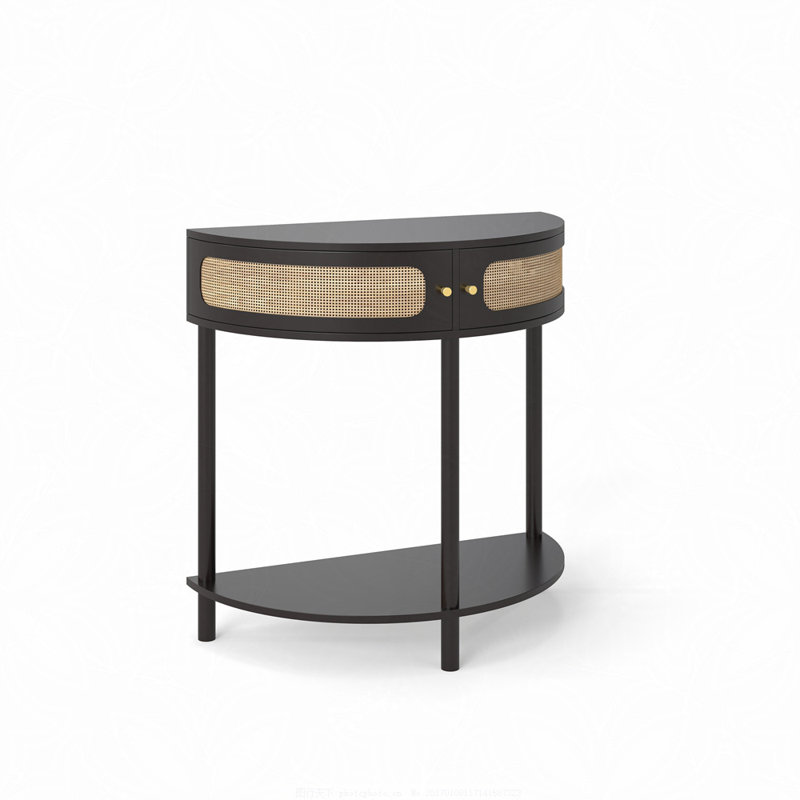 Unique Half Moon Design End Table with Sliding Rattan Door,Elegant Semi-circle Entryway Console Table with 2 Rattan Storage Cabinet and Bottom Shelf for Living room, Bedroom, Study, Hallway