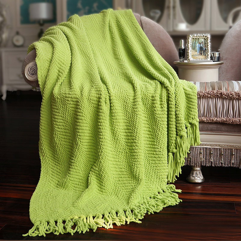 Dark Citron Knitted Reversible Throw Blanket with Braided Tassels