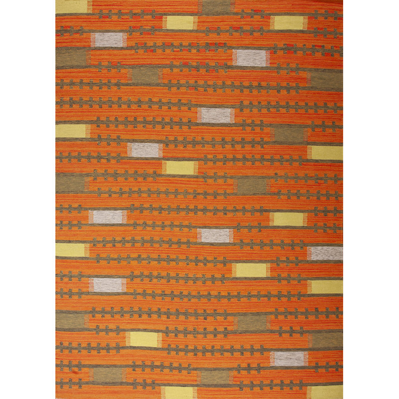 Tapis orange / vert olive / jaune en laine noué à la main de conception unique 9 pi x 12 pi Scandia