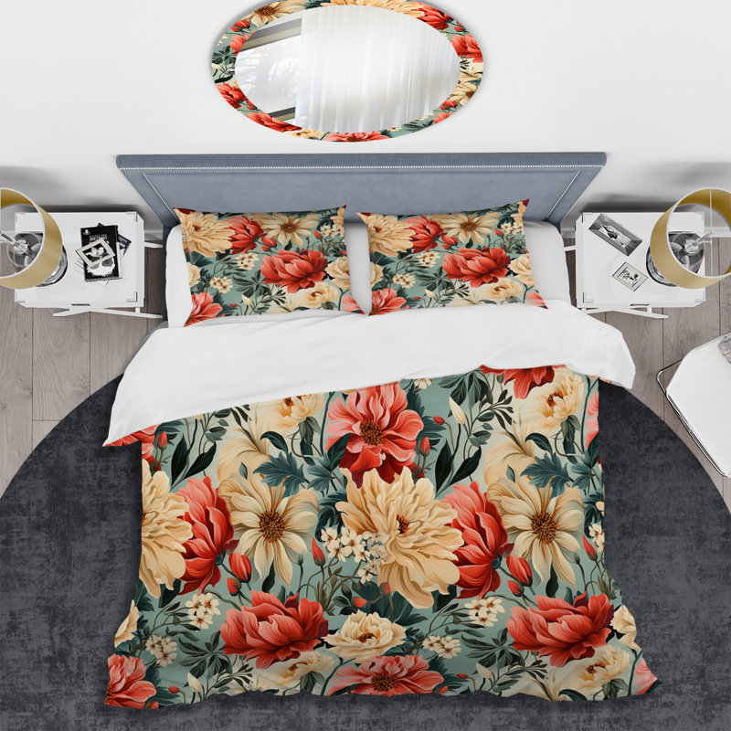 Vintage Nostalgia Beige & Coral Blooming Garden - Ensemble de housse de couette à motif floral