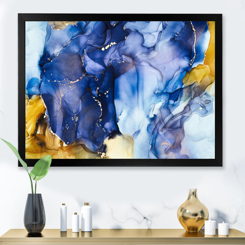 «Blue Luxury Abstract Fluid Art III», reproduction sur toile, H 13,5 po x l 21,5 po x P 1 po, Cadre noir