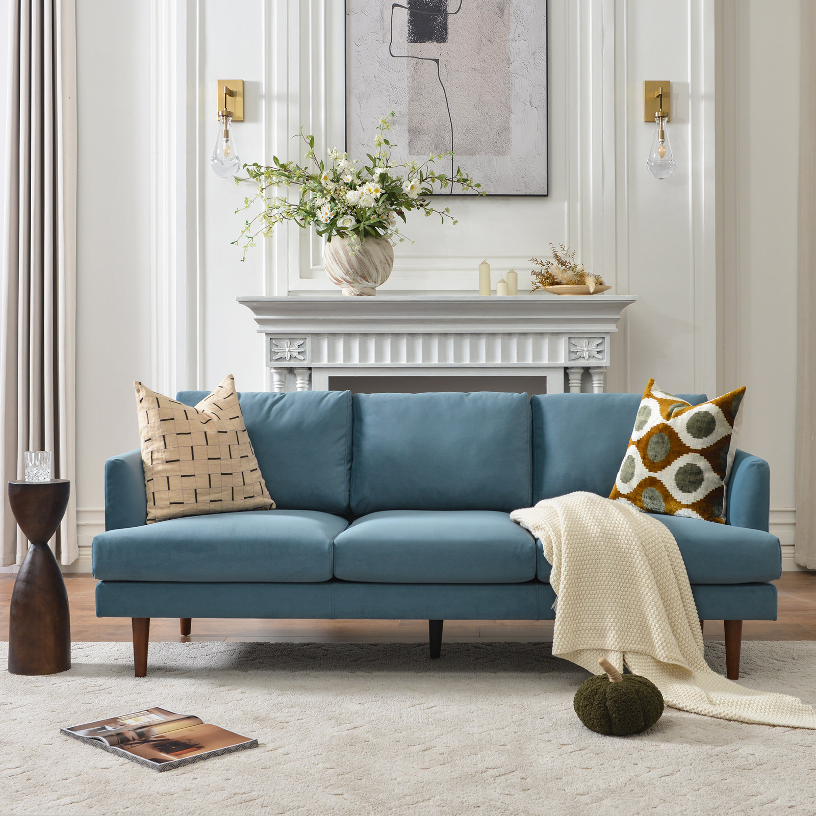 Miller 84'' Upholstered Sofa, Blue Velvet