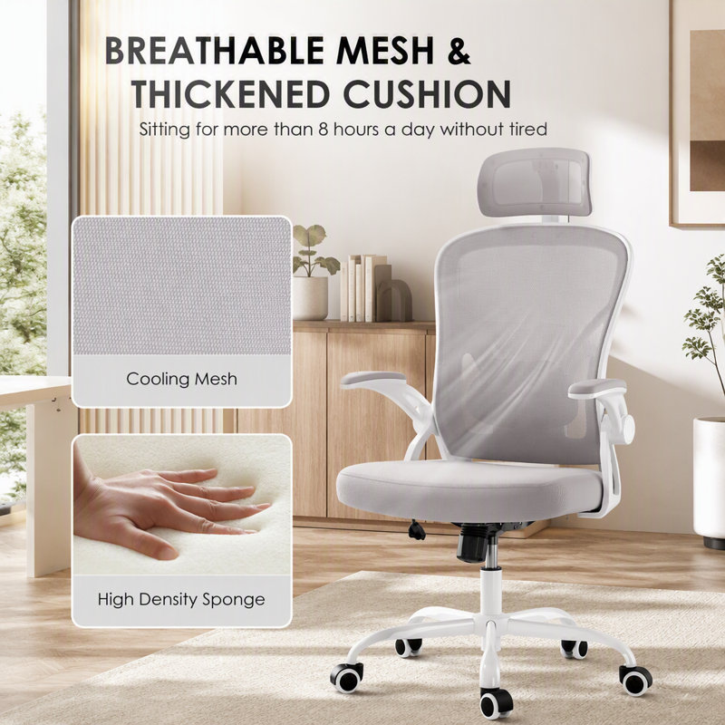 Chaise de bureau ergonomique avec appui-tête, dossier haut, soutien lombaire réglable et accoudoirs fixes, idéale pour la maison et le bureau, blanc et gris.