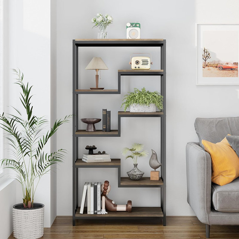 Bookshelf With Storage - 7 Tier Rustic Staggered Bookc...
