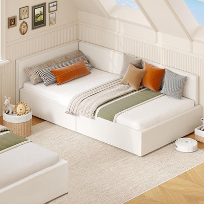 Lit de jour simple avec tête de lit, cadre de lit d'angle avec rails de lit, canapé-lit rembourré en velours avec garde-corps pour chambre à coucher, chambre d'amis, installation réglable, support de lattes en bois, beige