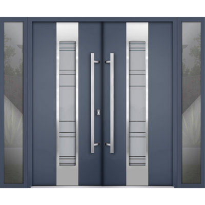 Front Exterior Prehung Metal Double Doors Deux 0757 Gray Graphite Frosted Glass 2 Sidelites Exterior Windows Entry Modern Painted Left Inswing Active Door 104 x 80