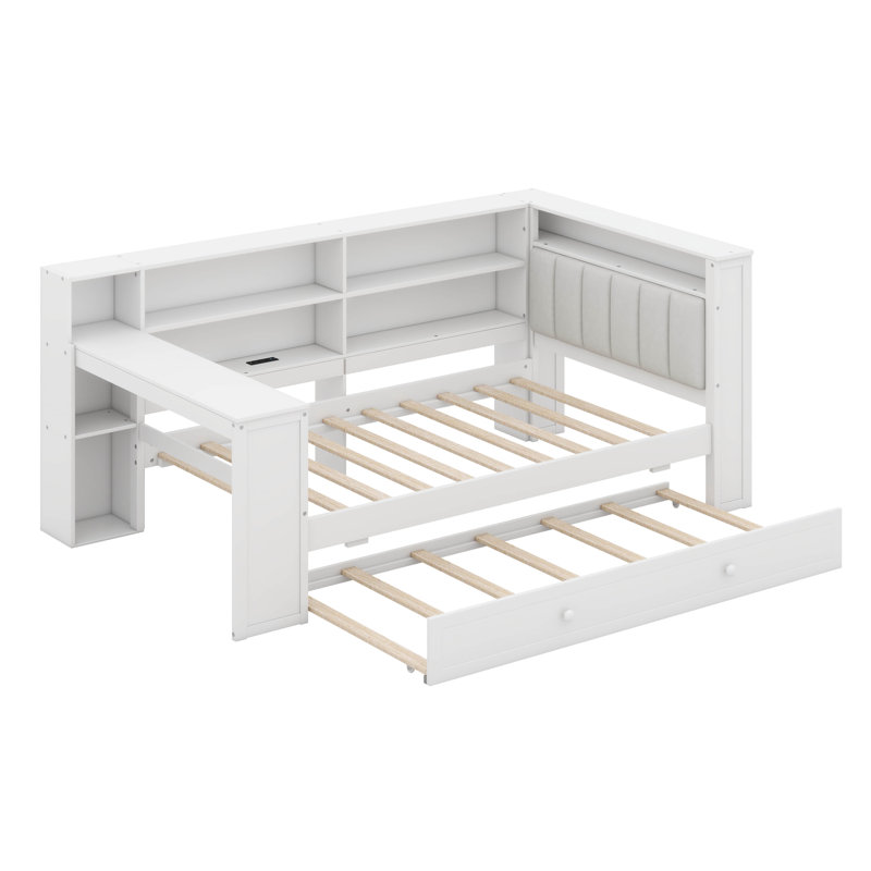 Twin Size Daybed With Trundle, Storage Shelves And Desk, Wood Corner Bed With Upholstered LED Headboard And Charging Station
