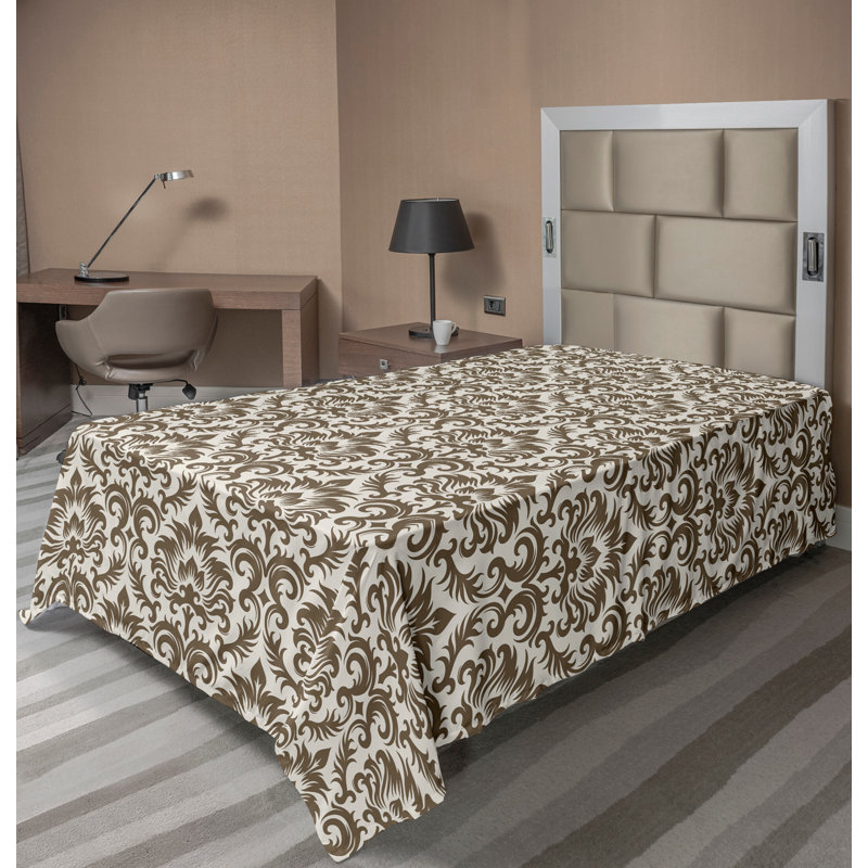 Ambesonne Top Flat Sheet Curving Art, Twin XL Flat Sheet, Army Green Cream Damask