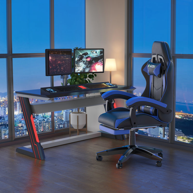 Reclining Game Chair With Footrest, Black/Blue