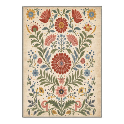 Tapis beige / rouge à motif floral lavable en machine Clermont