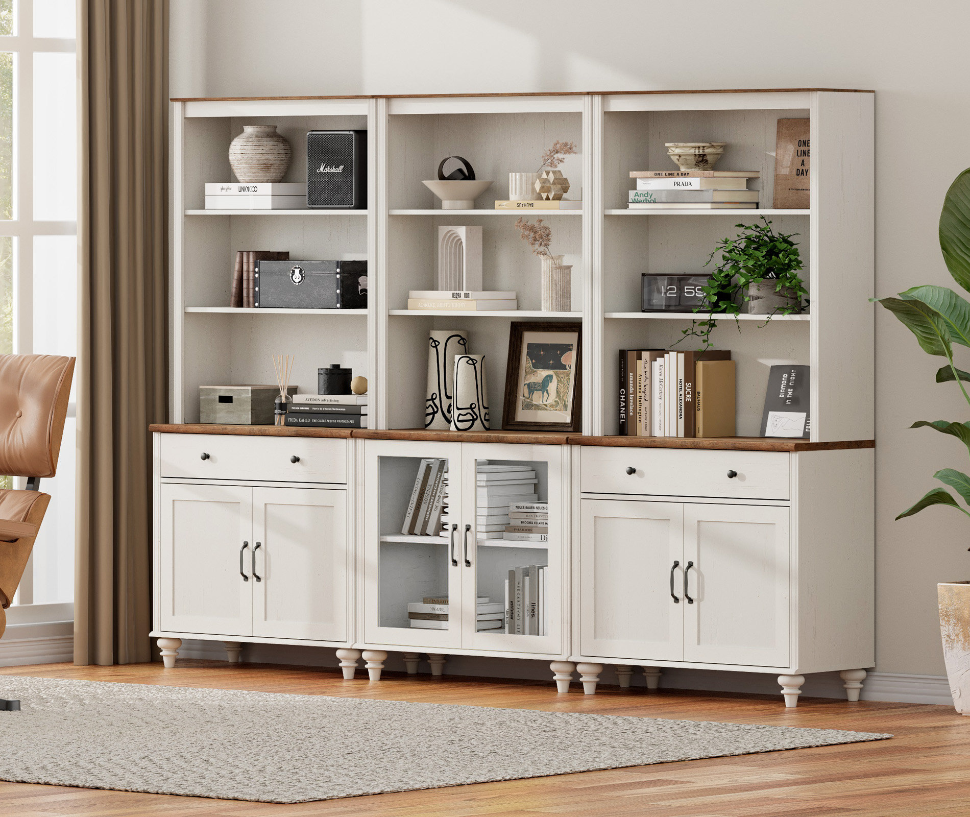 Scarlett Bookcase with Drawers and Cabinets, Tall Book Case with Open Book Shelfs, Large Wood Bookcases Farmhouse Bookshelves for Living Room Bedroom, image size:1900x1600