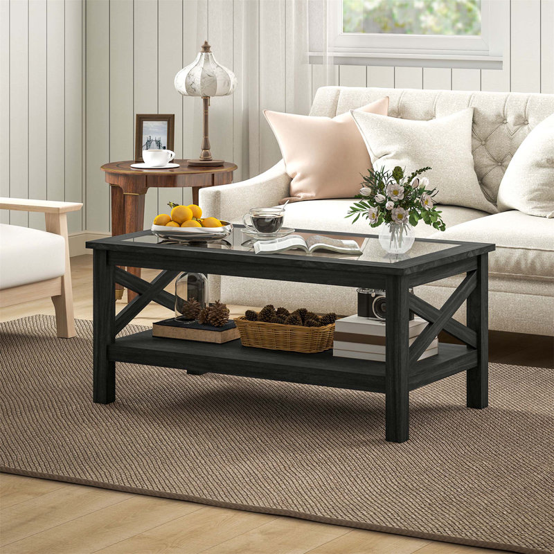 Table basse en verre HOMcom, table de centre de ferme moderne avec rangement, table d'appoint pour le salon avec côtés de style X-Bar classique