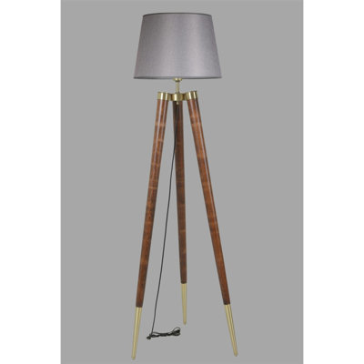 Lampe sur pied moderne avec corps en charme, hauteur de 64,9 pouces | Gris et couleur noyer, capuchon en tissu, douille E 27 (40 W maximum) | Finition de peinture électrostatique séchée au four, éclairage élégant pour le décor du salon et de la chambre à coucher