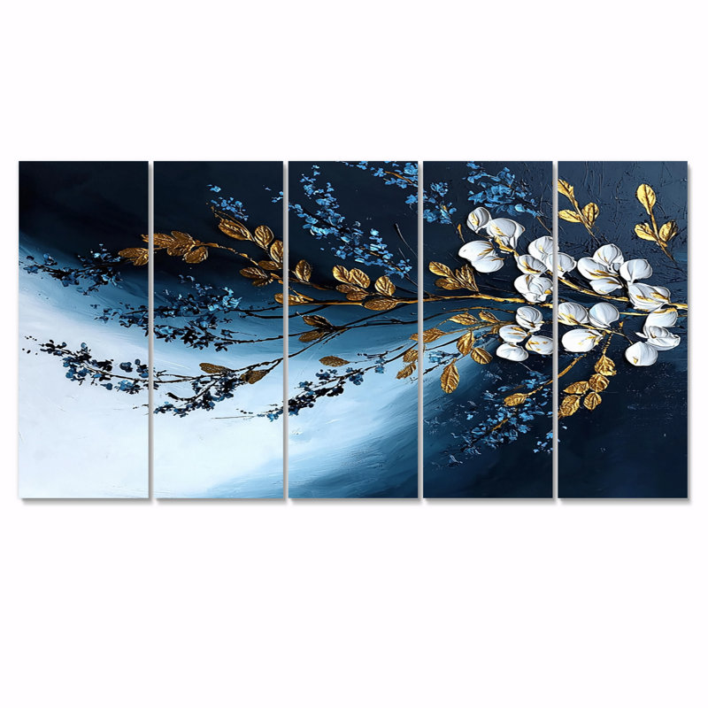 Fougères dorées et bleues au clair de lune, ensemble d'art sur toile II, H 32 po x l 80 po