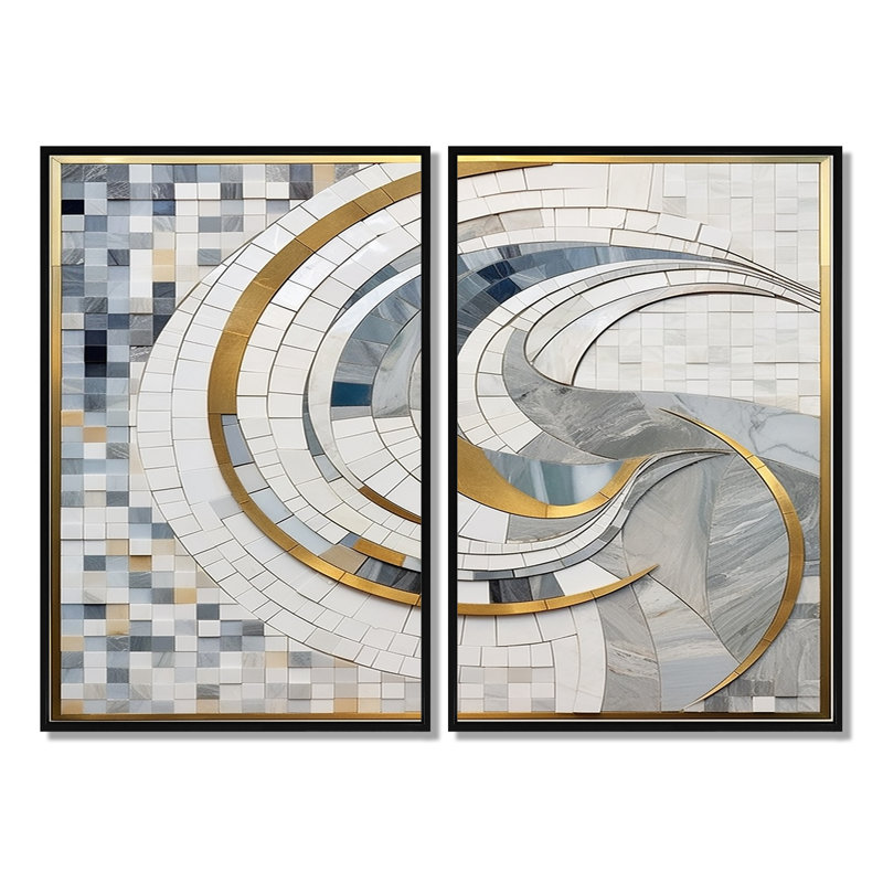 Mosaïque grise et jaune II - Formes abstraites, impressions sur toile, 2 panneaux, 36" H x 48" W, Black