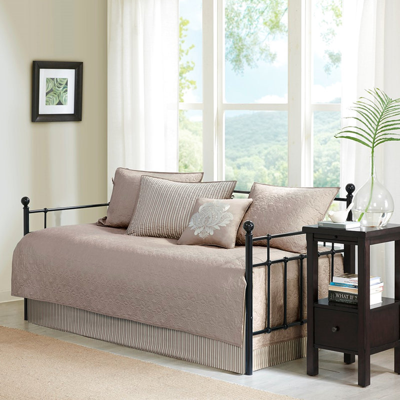 Khaki Reversible Daybed Cover 6 - Twin Sized, Solid/Printed Stripe, 3 Shams, 15" Drop , Exquisite Decorative Pillow Size, Solid/Printed, Pillow, Soft Cotton Filling