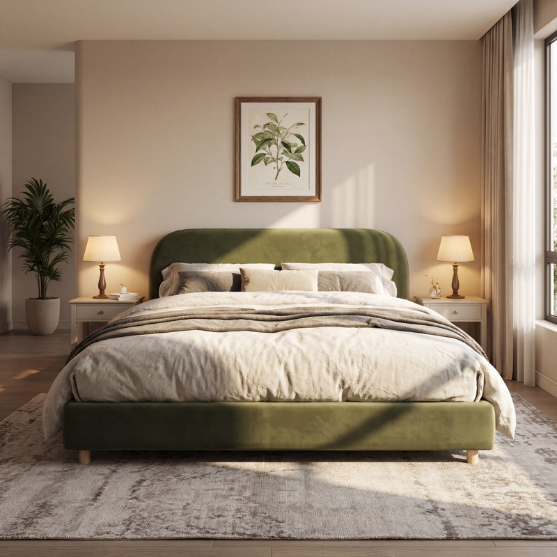 Issabell Upholstered Platform Bed With Wood Slats, Olive Green, California King