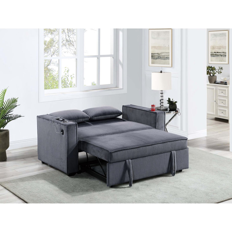 Velours côtelé gris foncé 2 avec porte-gobelets et fonction couchette, style convertible moderne de style transitionnel