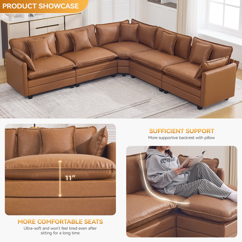 Canapé modulaire rembourré en similicuir, En forme de V, Marron clair